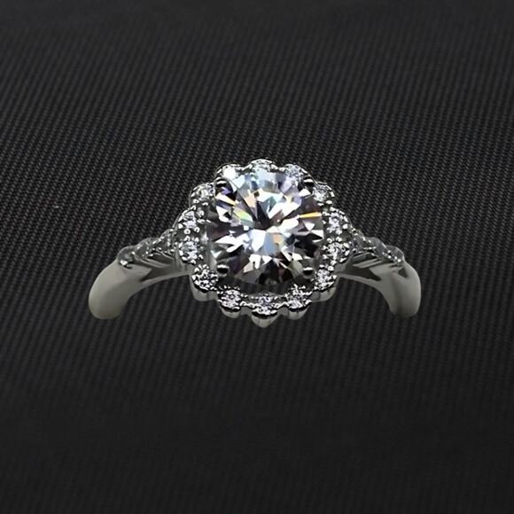 1 Ct Round Cut Moissanite Wedding Ring Halo-Style Flower Cubic Zirconia Silver 8 - Picture 2 of 13